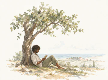 Watercolour of a man reading beneath a tree overlooking the sea