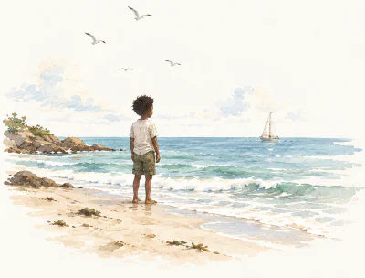 Watercolour of a boy standing on the sea shore, looking out at the ocean